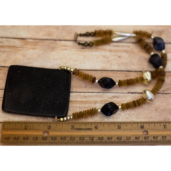 24 inch, Vintage Geometric Statement Pendant Brown Beads Necklace - X26 - Picture 3 of 3